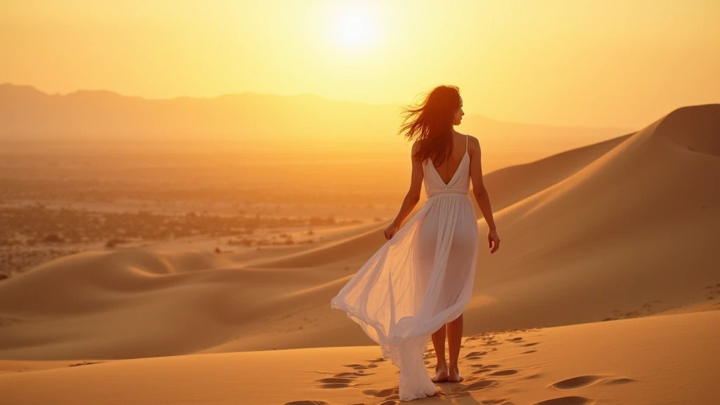 Elegante Frau im weissen Kleid auf den Sanddünen der 1000 Nights Camp Oman bei Sonnenuntergang