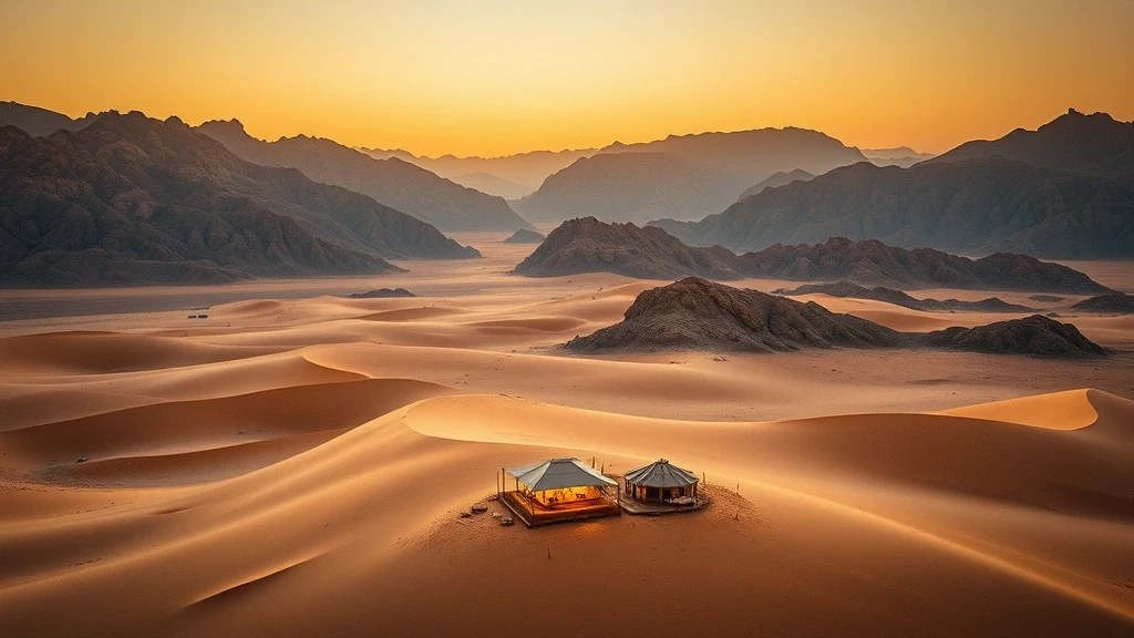 Luftaufnahme der 1000 Nights Camp in Oman mit dramatischen Wüstendünen und Bergen zur goldenen Stunde