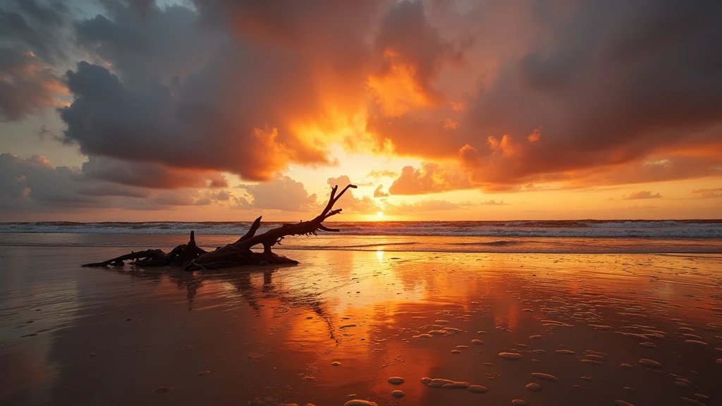 Goldene Stunde am Moesgaard Strand mit dramatischen Wolken in Aarhus, Daenemark