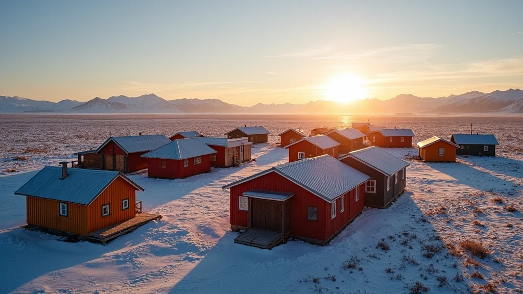 Panoramablick auf bunte Holzhäuser in Aasiaat, Grönland zur Mitternachtssonne