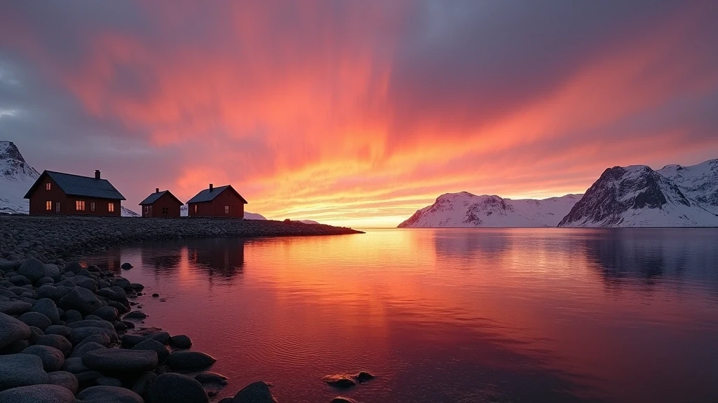Dramatischer Sonnenuntergang über der Disko-Bucht in Aasiaat, Grönland