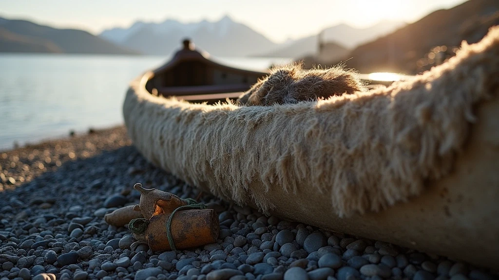 Traditionelles grönländisches Kajak am Strand in Aasiaat, Grönland