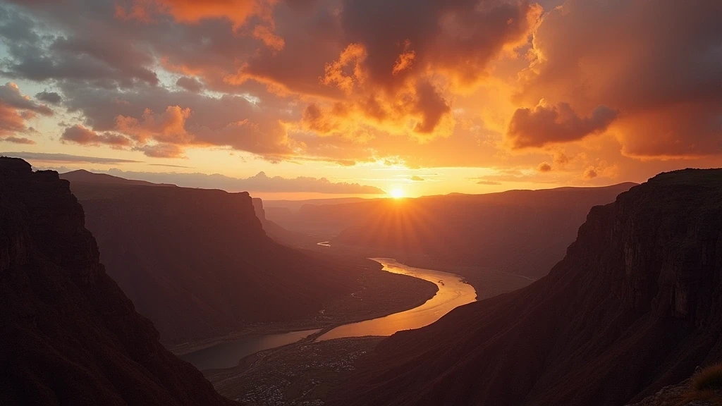 Panorama des Apurímac-Flusses in Abancay, Peru bei Sonnenuntergang mit dramatischen Wolkenformationen