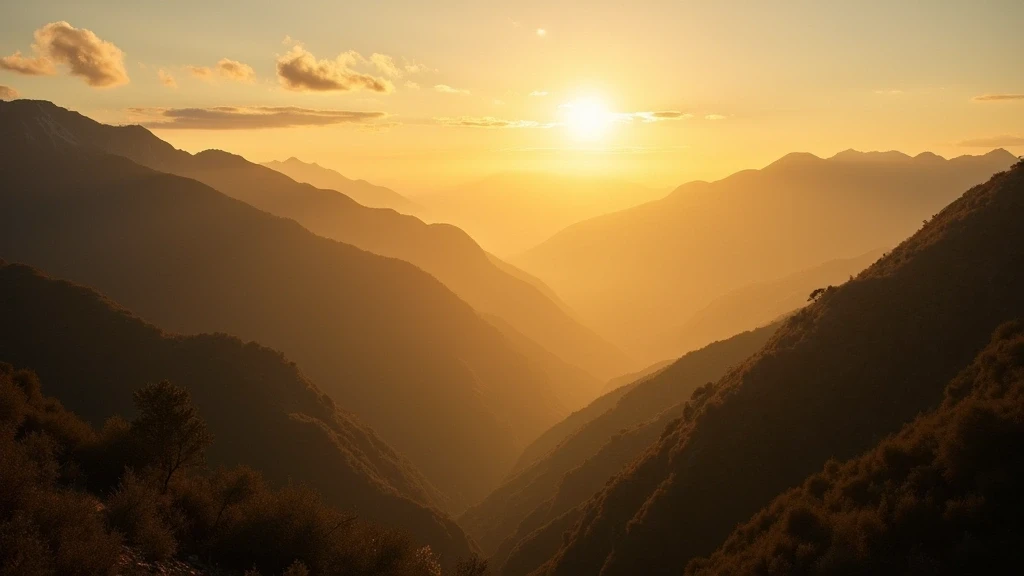 Goldene Stunde im Eukalyptuswald von Abancay, Peru mit mystischem Nebel und warmem Licht