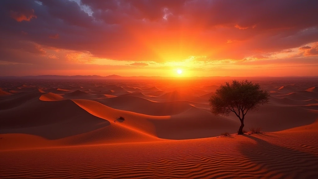 Sonnenuntergang über den Sanddünen der Ägyptischen Oasen mit dramatischem Himmel