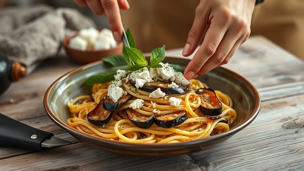 Traditionelle sizilianische Pasta alla Norma Zubereitung mit Ätna-Hintergrund