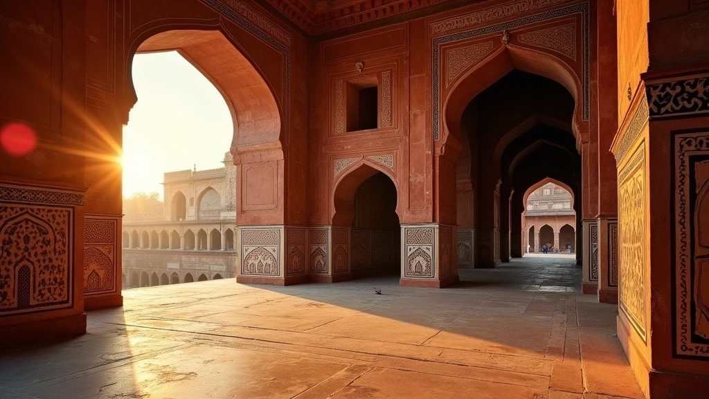 Agra Fort bei goldener Stunde mit roten Sandsteinmauern und Marmorintarsien