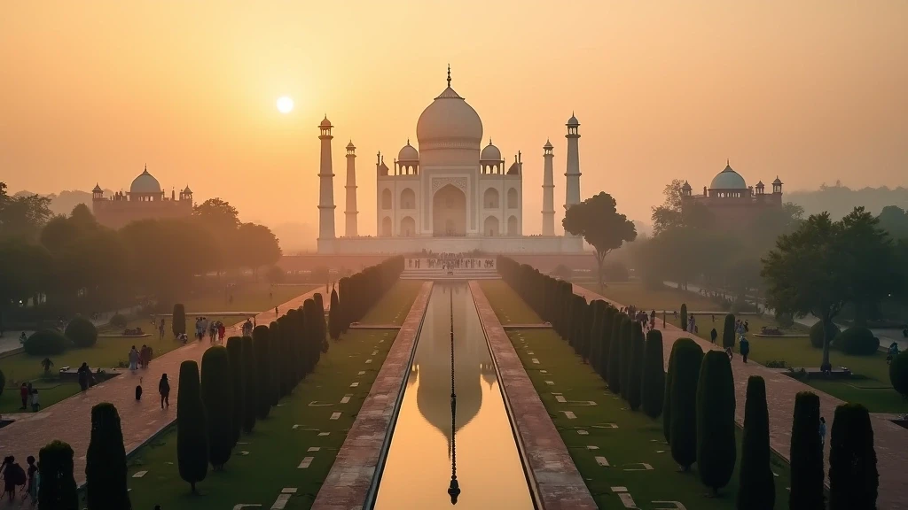 Luftaufnahme des Taj Mahal in Agra bei Sonnenaufgang mit goldenem Licht und Yamuna-Fluss