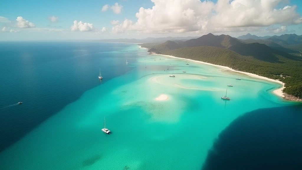 Luftaufnahme der Whitsunday Islands und Whitehaven Beach bei Airlie Beach zur goldenen Stunde