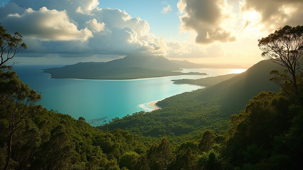Panoramablick von Conway National Park auf Airlie Beach und Whitsunday Islands