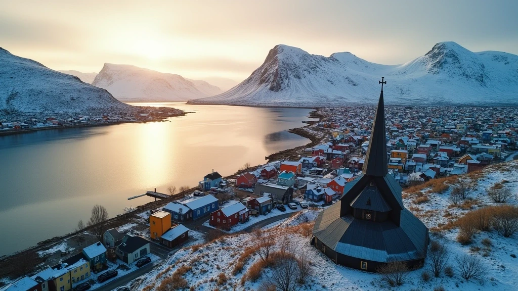 Luftaufnahme von Akureyri am Eyjafjörður Fjord mit verschneiten Bergen zur goldenen Stunde