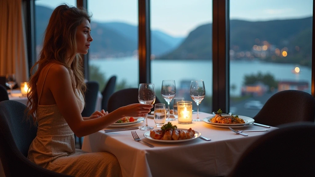 Elegante Frau genießt isländische Meeresfrüchte in Restaurant mit Fjordblick in Akureyri