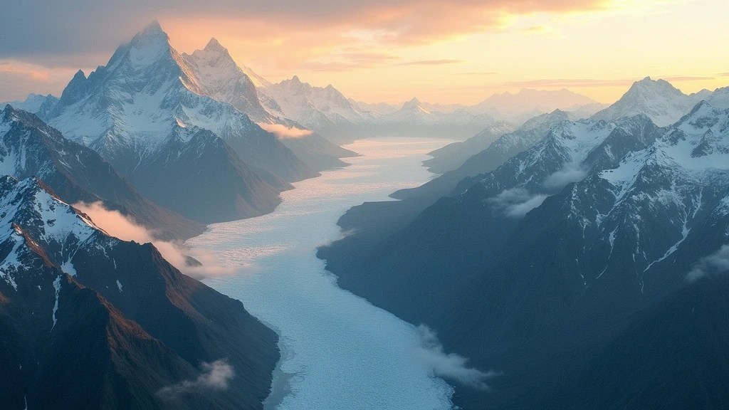 Luftaufnahme von Denali und Gletschern in Alaska zur goldenen Stunde, dramatische Berglandschaft