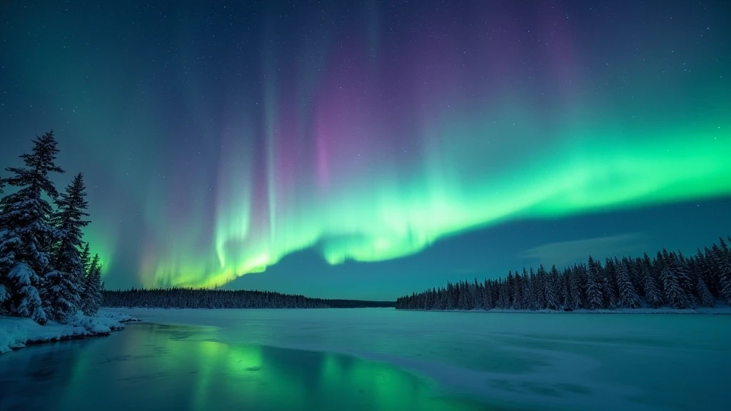 Nordlichter ueber gefrorenem See in Fairbanks, Alaska, aurora borealis Nachthimmel
