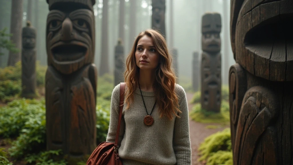 Reisende erkundet Tlingit Totempfaehle in Sitka, Alaska, im nebligen Regenwald