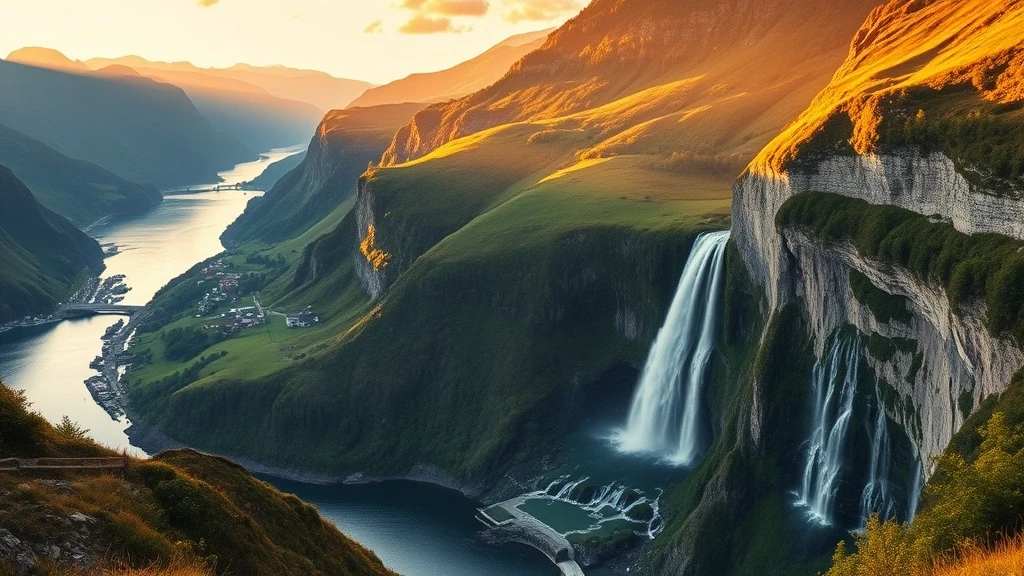 Goldene Stunde am Geirangerfjord mit Wasserfaellen bei Ålesund, Norwegen