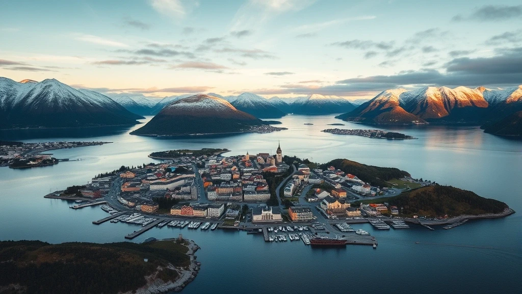 Luftaufnahme von Ålesund mit Jugendstil-Architektur, Fjorden und Bergen zur goldenen Stunde in Norwegen
