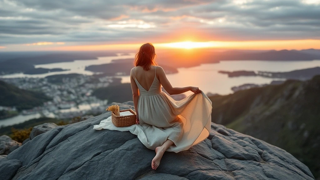 Elegante Frau beim Picknick am Aksla-Aussichtspunkt in Ålesund, Norwegen