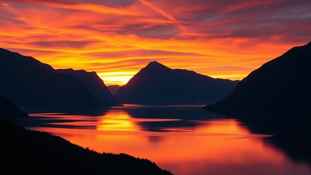 Sonnenuntergang am Hjørundfjord mit den Sunnmøre-Alpen in Ålesund, Norwegen