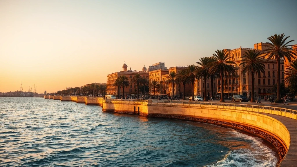 Panoramablick auf die Corniche von Alexandria zur goldenen Stunde mit Palmen und historischen Gebaeuden