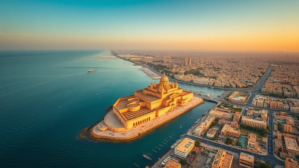 Luftaufnahme der historischen Kueste von Alexandria mit Zitadelle Qaitbay zur goldenen Stunde
