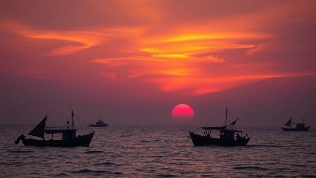 Sonnenuntergang am Mittelmeer in Alexandria mit traditionellen Fischerbooten im Silhouette