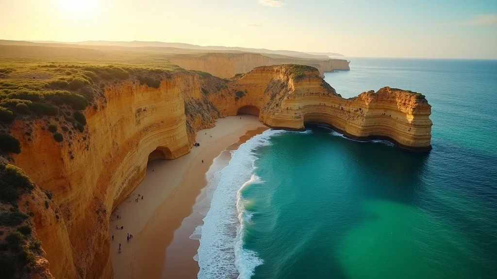Dramatische Luftaufnahme der goldenen Klippen und versteckten Buchten der Algarve zur goldenen Stunde