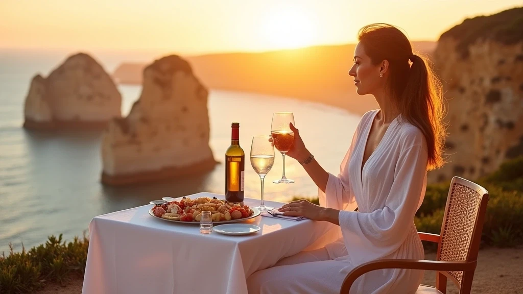 Elegante Frau geniesst Sonnenuntergangs-Dinner an Klippenrestaurant der Algarve