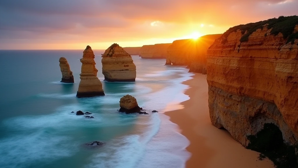 Sonnenuntergang ueber den ikonischen Felsformationen von Ponta da Piedade an der Algarve