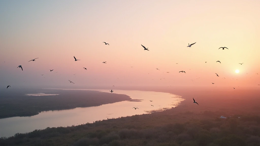 Panoramablick auf den Ria Formosa Naturpark bei Sonnenaufgang mit Lagunen und Voegeln