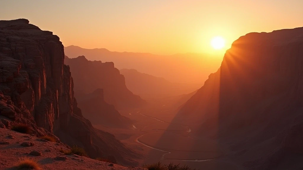 Dramatischer Sonnenuntergang ueber den Berggipfeln von Alila Jabal Akhdar mit goldenem Licht auf den Kalksteinfelsen