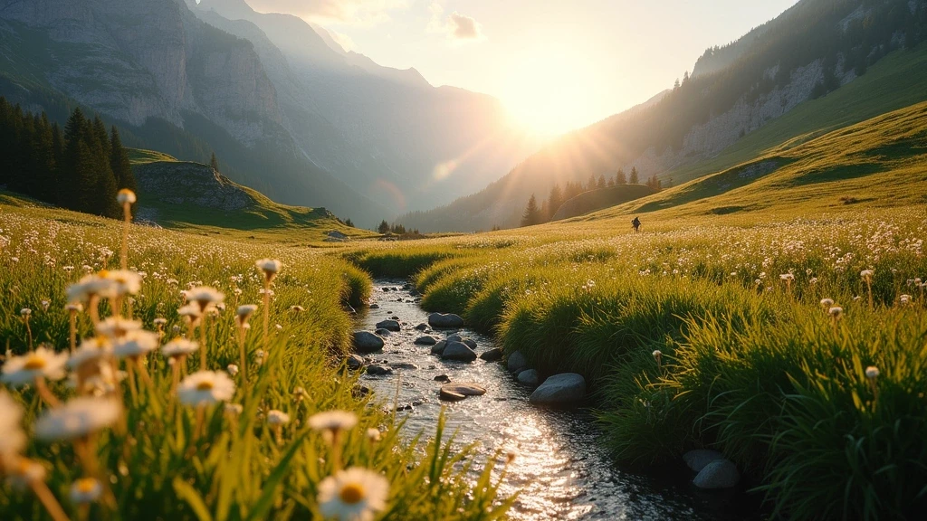 Goldene Stunde im Alpenblumenwiesen in Österreich mit klarem Gebirgsbach