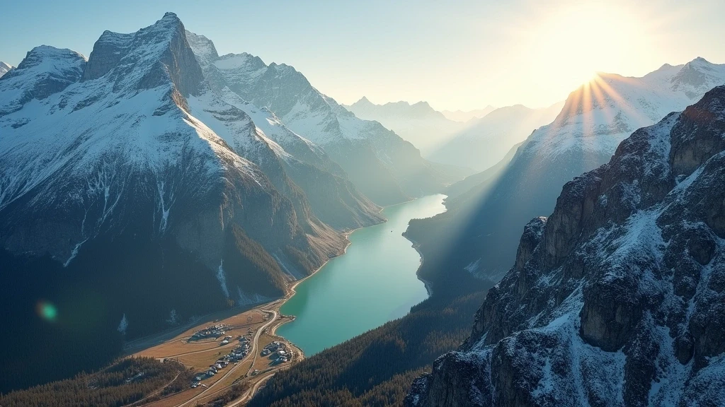 Luftaufnahme der Alpen in Österreich mit schneebedeckten Gipfeln und tiefen Tälern zur goldenen Stunde