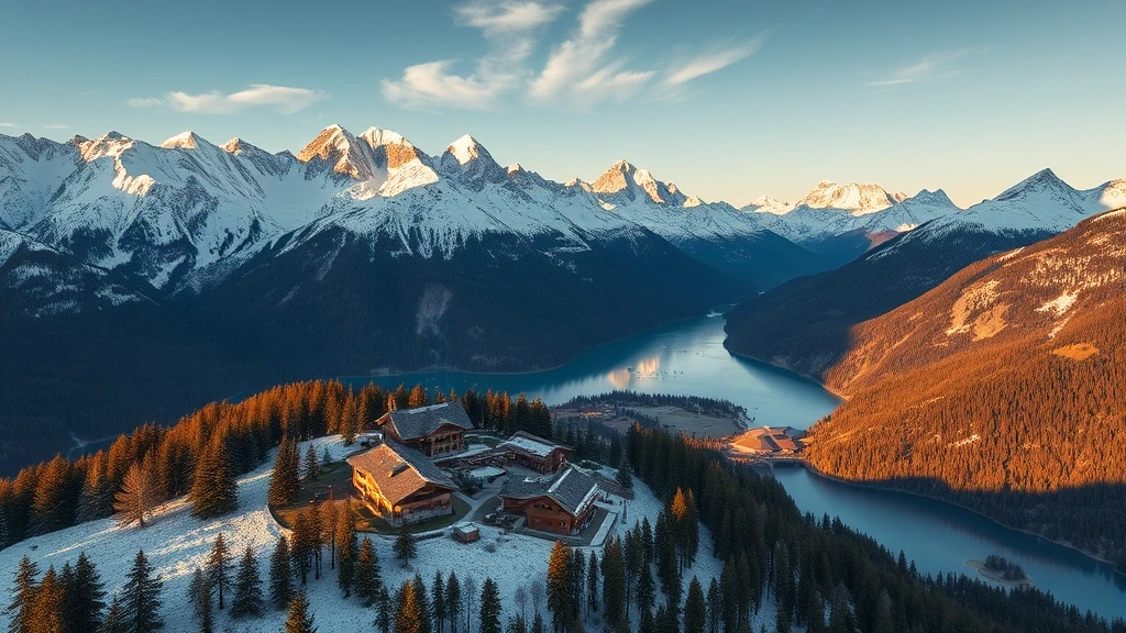 Luftaufnahme der Alpenrose Private Estate in der Schweiz mit schneebedeckten Gipfeln und traditionellen Chalets zur goldenen Stunde