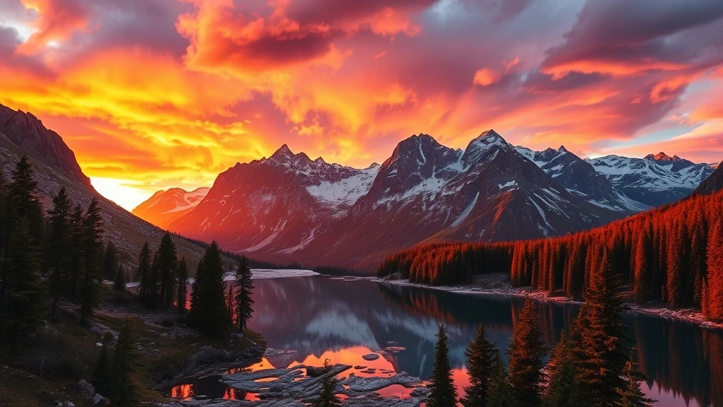 Sonnenuntergang ueber den Alpengipfeln an der Alpenrose Private Estate in der Schweiz mit Spiegelung im Gletschersee