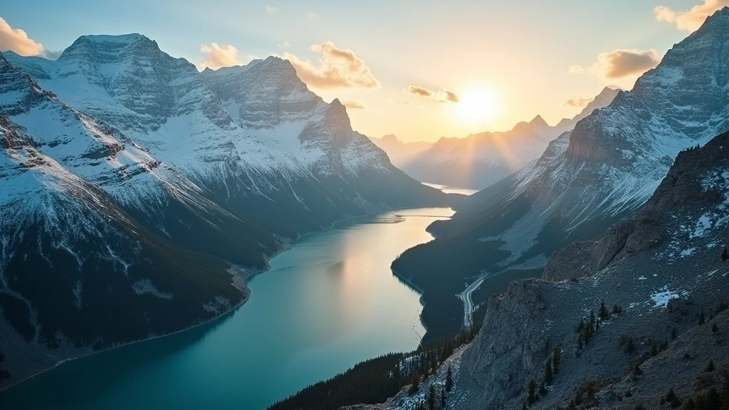 Luftaufnahme der schneebedeckten Alpengipfel und Taeler in der Schweiz zur goldenen Stunde