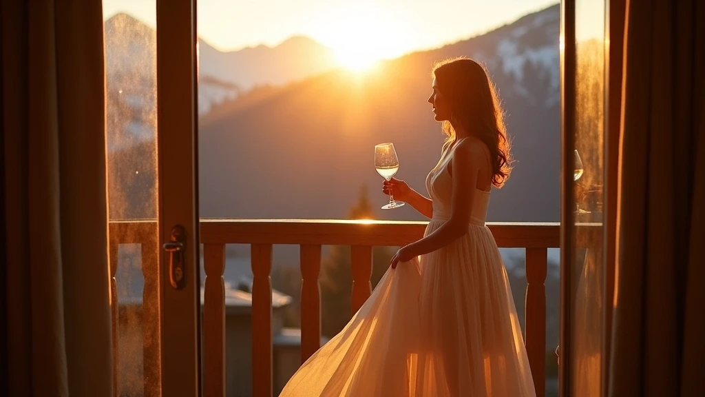 Elegante Frau geniesst Sonnenuntergang auf Chalet-Balkon in den Schweizer Alpen