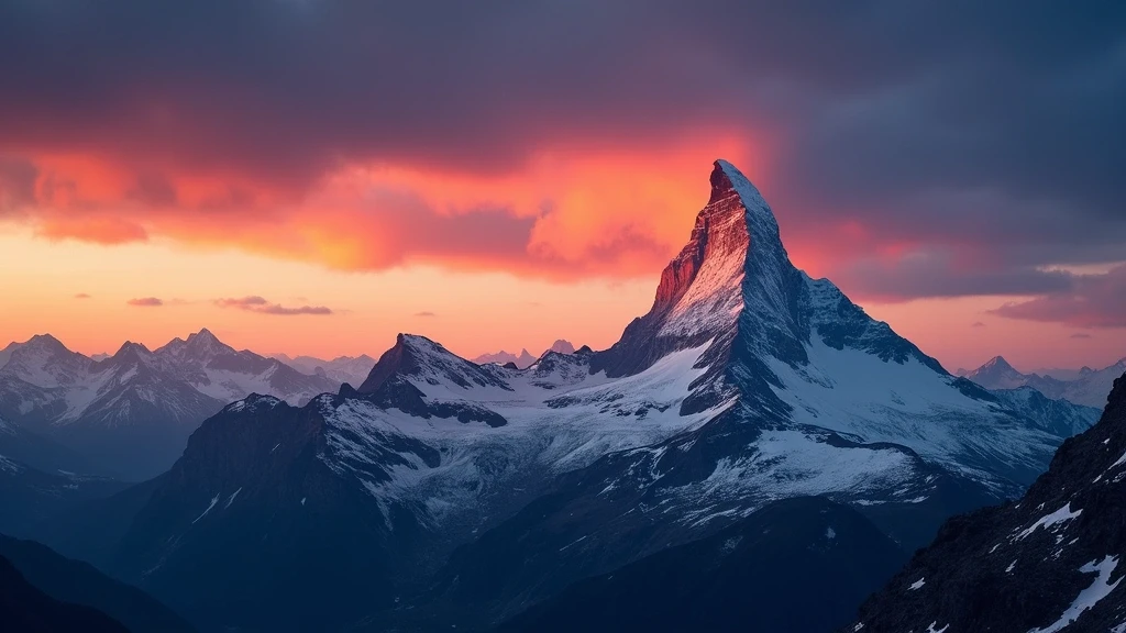 Sonnenuntergang ueber dem Matterhorn in den Schweizer Alpen mit alpenglow