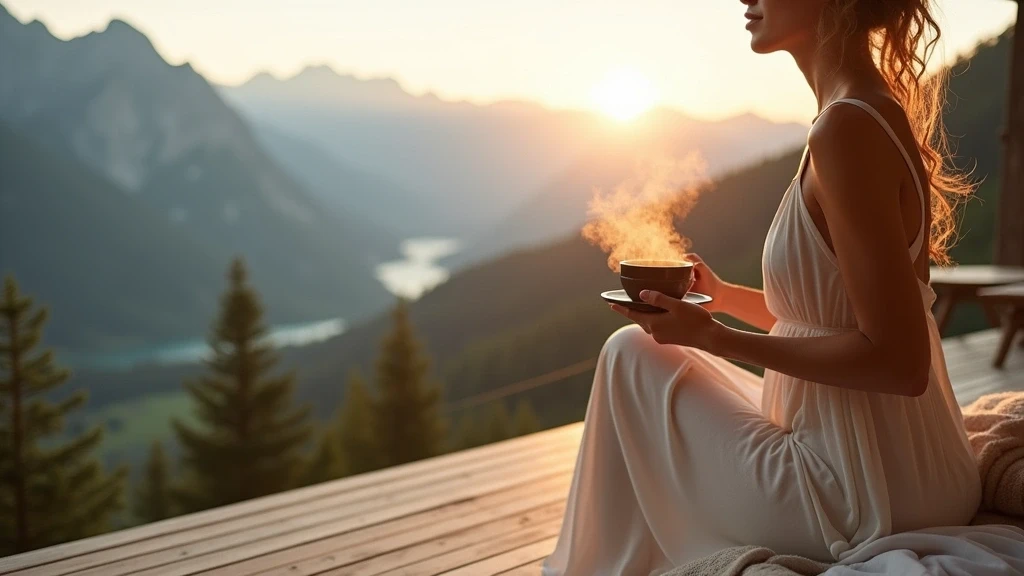 Elegante Frau auf Holzterrasse in Alpine Sanctum, Schweiz mit Tee und Bergblick