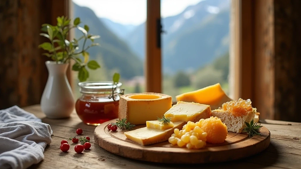 Schweizer Käseplatte in Alpine Sanctum mit Bergblick durch Fenster