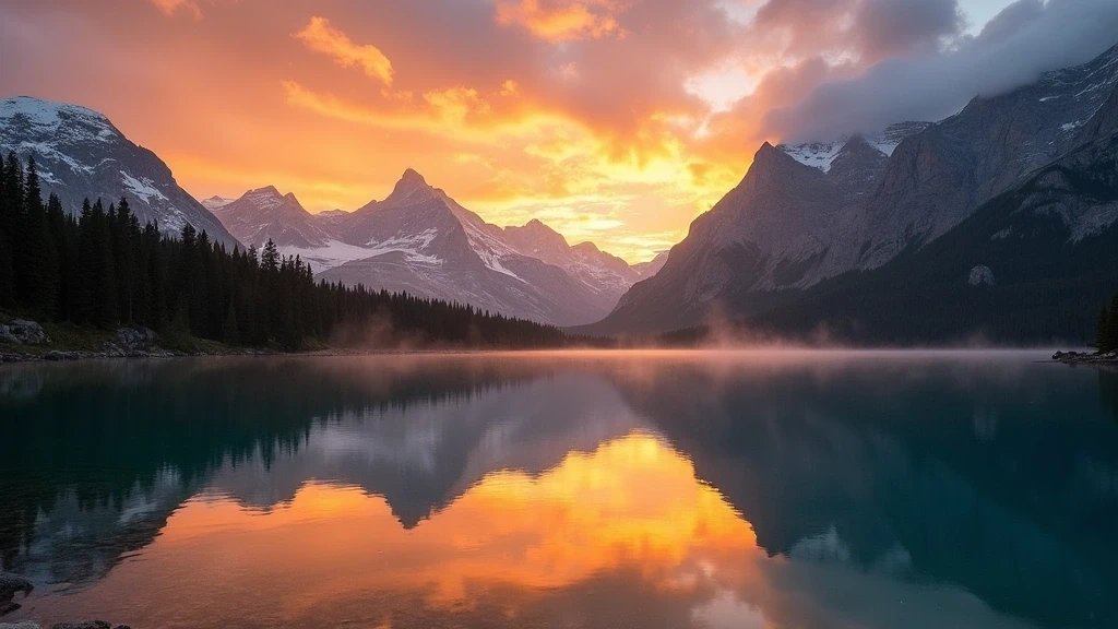 Sonnenuntergang über den Alpengipfeln in Alpine Sanctum, Schweiz mit Spiegelung im Gletschersee