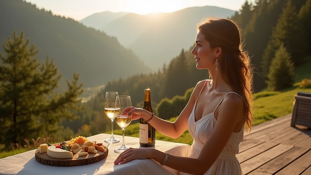 Elegante Frau genießt Käseplatte und Wein auf Terrasse mit Talblick in den Alpen-Secret-Valleys