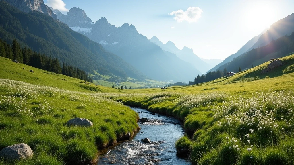Panoramablick auf eine alpine Blumenwiese mit Bergbach und Granitgipfeln in den Alpen-Secret-Valleys