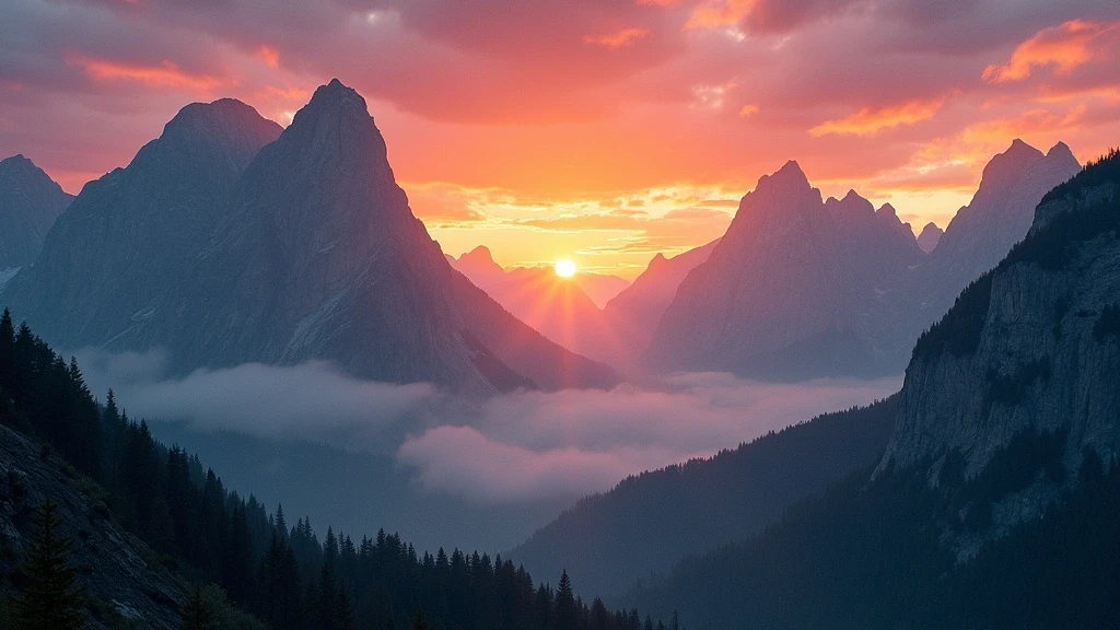 Sonnenuntergang über den Kalkstein-Gipfeln der Alpen-Secret-Valleys in Österreich mit Alpenglühen und Nebel