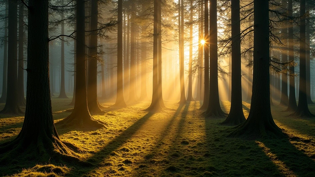 Goldene Stunde im Schwarzwald bei Alpirsbach mit Lichtstrahlen durch alte Baeume