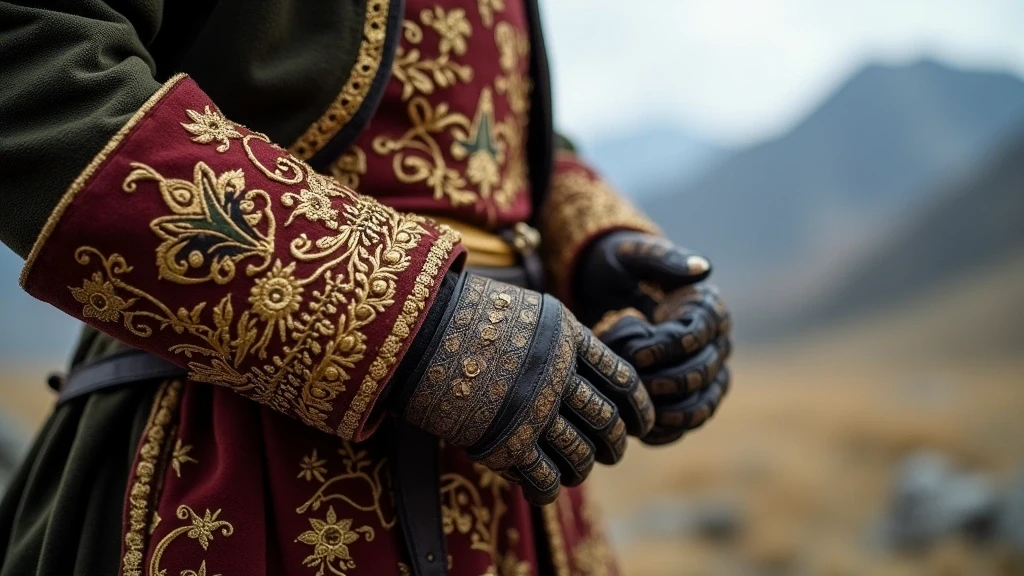 Detailaufnahme traditioneller Adlerjaeger-Kleidung im Altai-Gebirge, Mongolei mit Goldstickerei