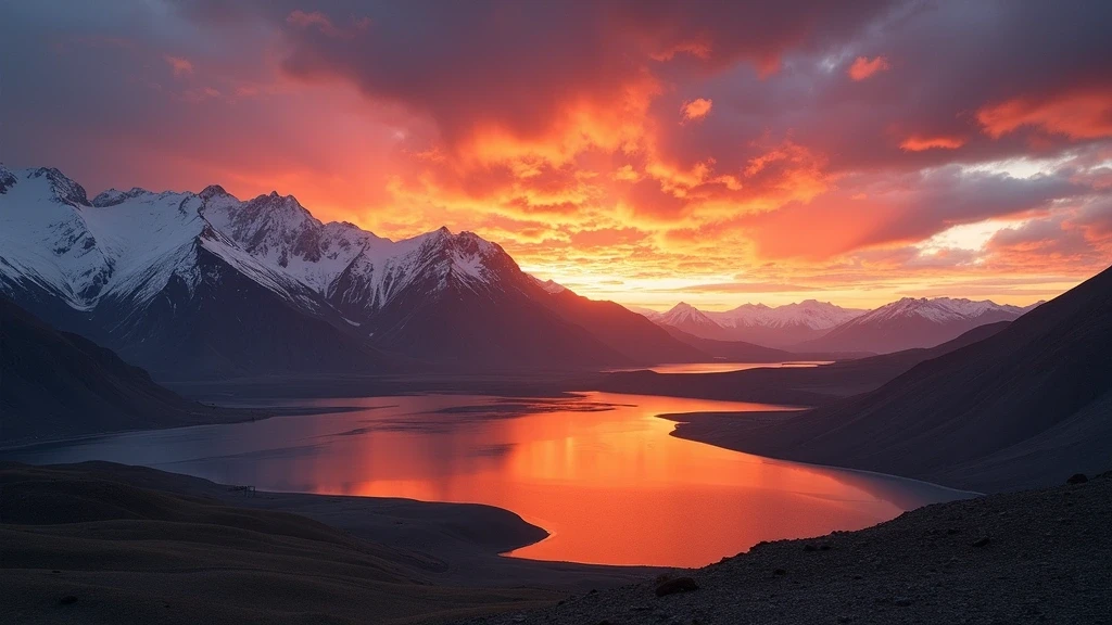 Sonnenuntergang über dem Tavan-Bogd-Massiv im Altai-Gebirge, Mongolei mit Gletscherseen