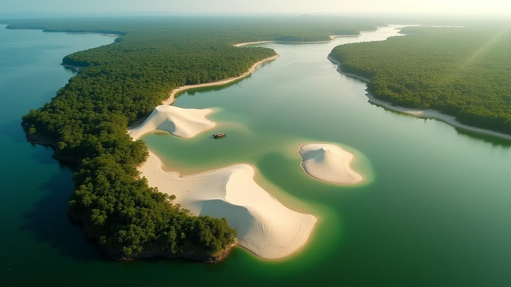 Luftaufnahme der Suesswasser-Sandinseln im Tapajós-Fluss bei Alter do Chão zur goldenen Stunde