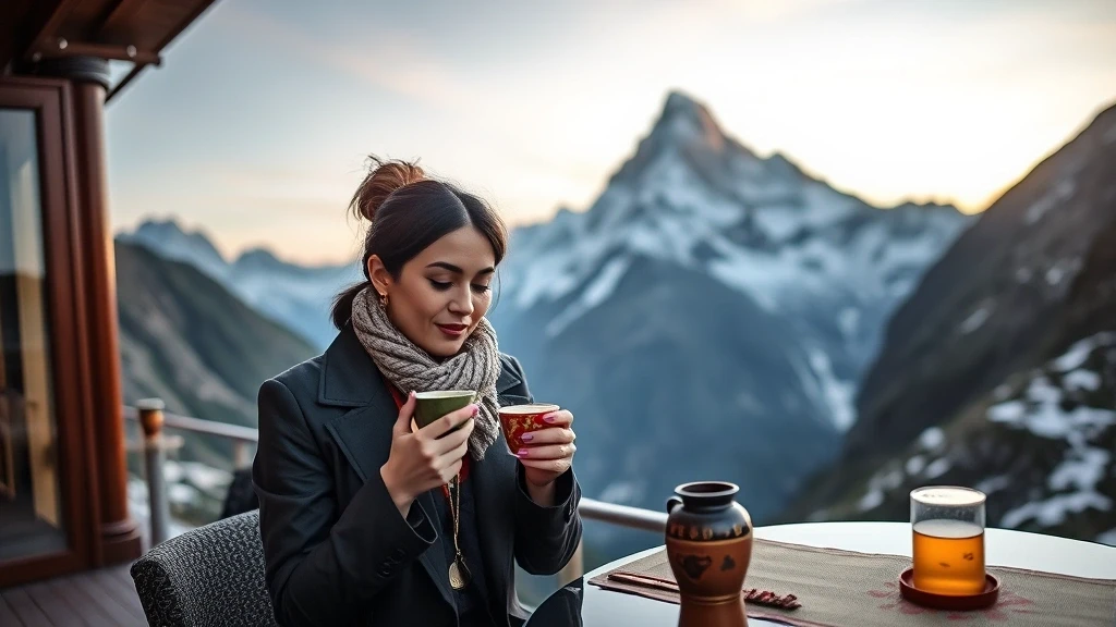Elegant female traveler enjoying tea at a luxury lodge with view of Ama Dablam peak in Nepal.