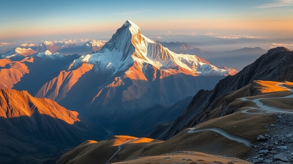 Panoramic view of Ama Dablam peak in Nepal from a high mountain pass during golden hour.